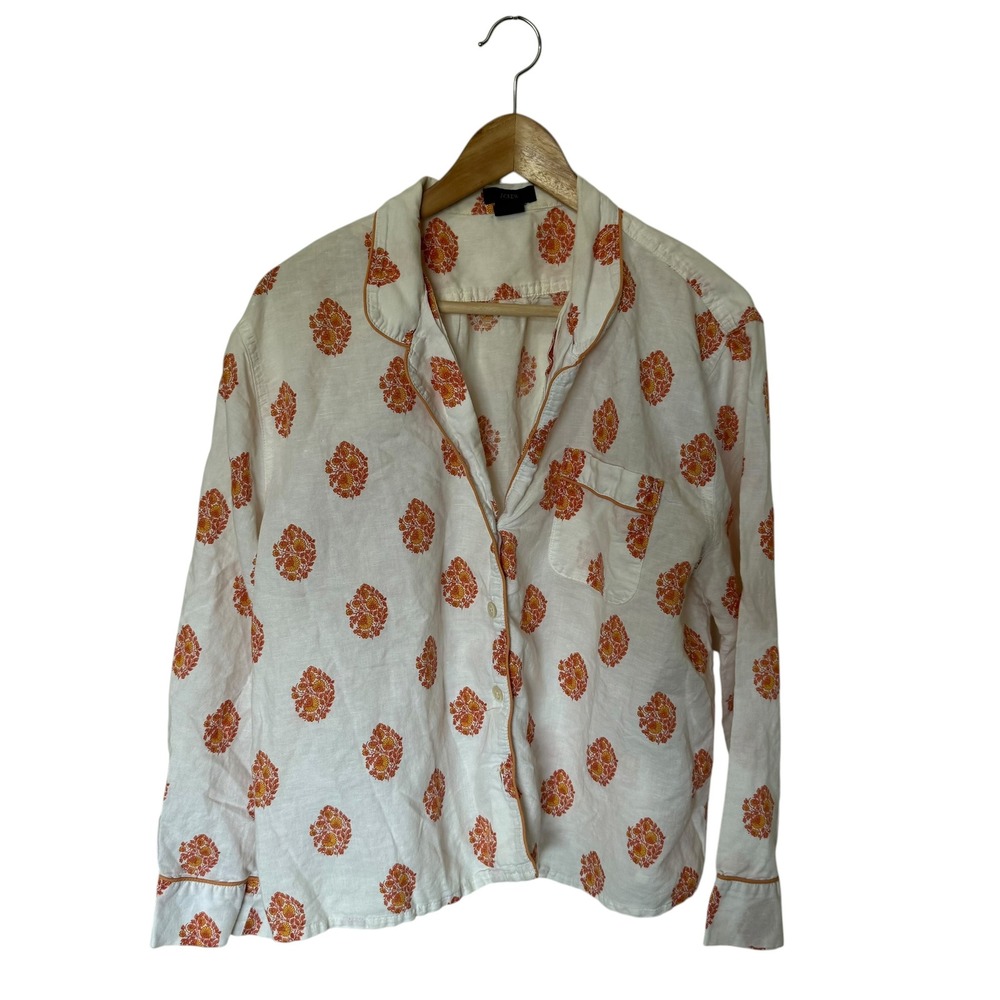 J.Crew Pajama Top Women Large White Orange Excellent Linen Block Print Shirt